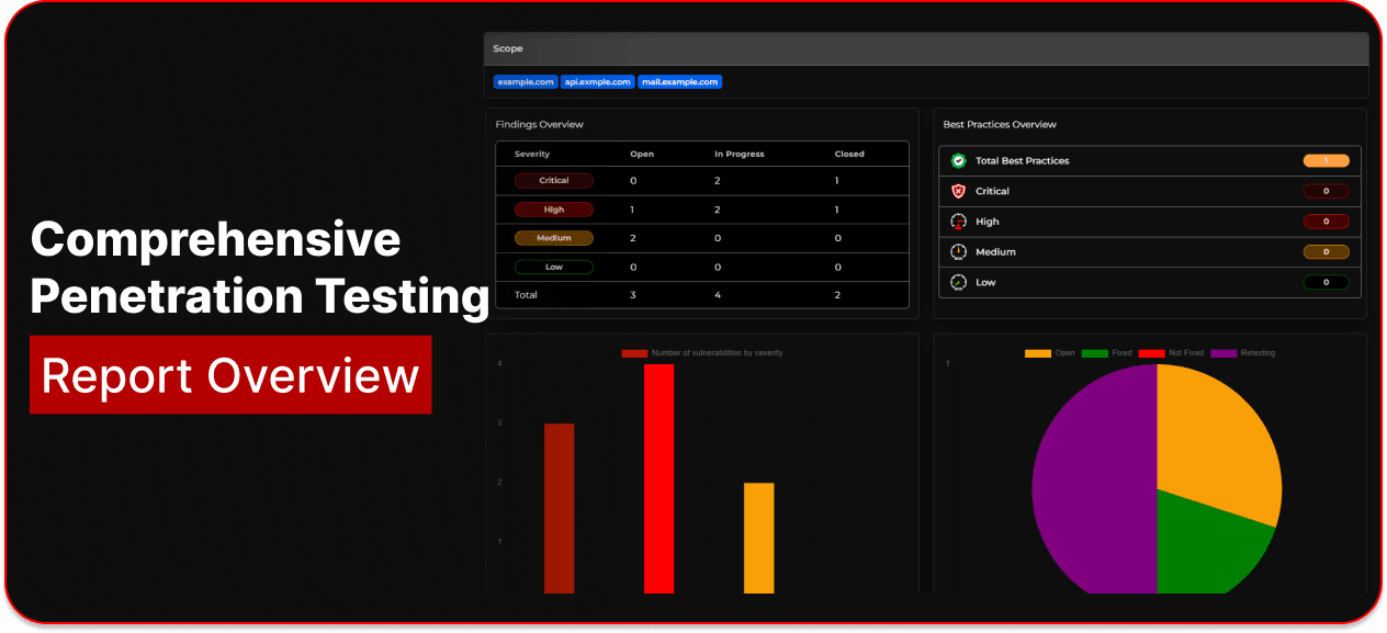 Penetration testing report interface with summary, attack details, and security charts.